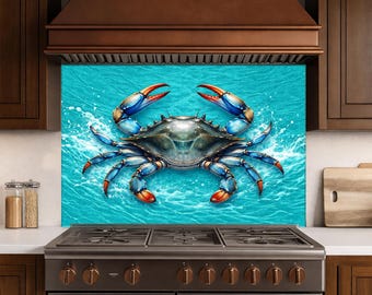 Achterwand van gehard glas turkooisblauwe krab, wandpaneel keukenfornuis kust, spatscherm oceaanblauwblauw, decor strandhuis
