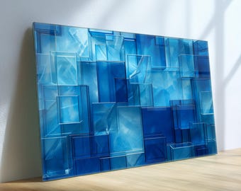 Arte de pared de vidrio azul abstracto / Panel de vidrio templado con impresión UV geométrica moderna