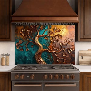 Copper Tree of Life Glass Backsplash – Luxury Textured Art Glass Design