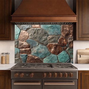 Turquoise Copper Stone Backsplash - 3D Textured Tempered Glass Stove Panel