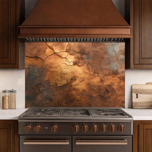 Rustic Copper Tempered Glass Backsplash | Cracked Metal Texture