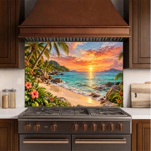 Tropical Beach Glass Kitchen Backsplash, Ocean Sunset Tempered Glass, Palm Tree Stove Backsplash, Coastal Kitchen Wall Panel