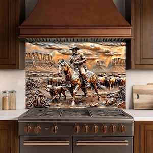 Westerncowboy glazen achterwand keuken – rustieke achterkant boerenfornuis,