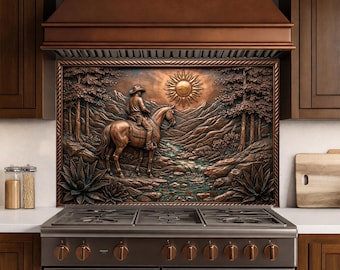 Keuken backsplash western cowboyscène, rustieke koperen glazen backsplash, woestijnlandschap kachel backsplash paneel, decor boerderij keuken