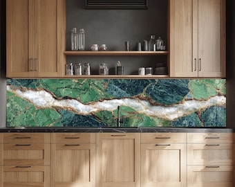 Salpicadero de cocina de vidrio templado con mármol verde esmeralda, panel de pared de cuarzo de lujo, protector contra salpicaduras de estufa de pared completa resistente al calor.