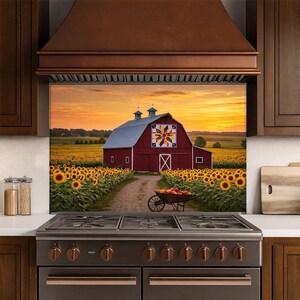 Paraschizzi da cucina in vetro con girasoli, pannello per piano cottura in vetro temperato rosso fienile, decorazione murale rustica da cucina in stile country con tramonto.