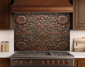 Luxus-Kupfer-Blumen-Küchen-Aufkantung, verzierter Vintage-Glas-Aufkantung, geprägte Blumenherd-Aufkantung, rustikale, elegante Küchendekoration