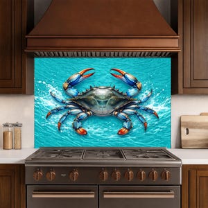 Turquoise Blue Crab Tempered Glass Backsplash, Coastal Kitchen Stove Wall Panel, Ocean Teal Splashback, Beach House Decor