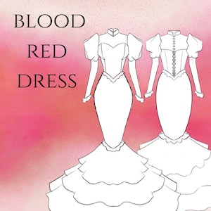 May include: Illustration of two white dresses with a mermaid silhouette, puff sleeves, and ruffled hems. The dresses are set against a pink background with the text "Rosie Blood Red Dress" in black.