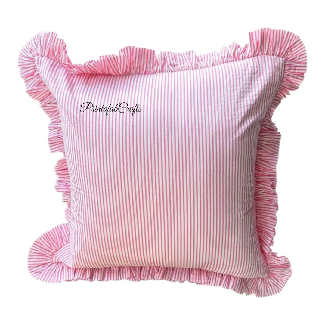 PFC Pink Striped Ruffle Cotton Cushion Cover, Farmhouse Pillowcase ...