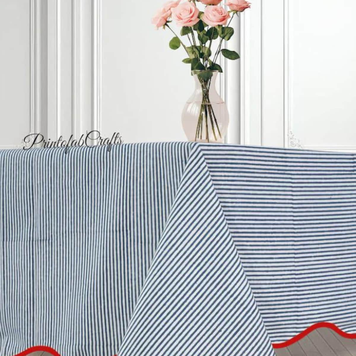 PF Hand Block Print Cotton Tablecloth: Light Blue Grey Mix Stripe with Red Piping