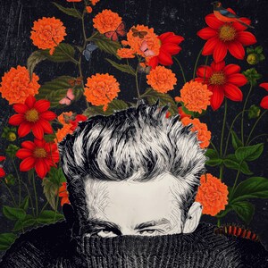 May include: A black and white illustration of a person with short hair wearing a black turtleneck sweater. The person is partially obscured by a background of orange and red flowers.