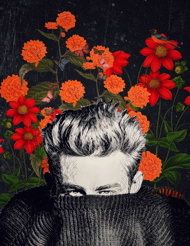 May include: A black and white illustration of a person with short hair wearing a black turtleneck sweater. The person is partially obscured by a background of orange and red flowers.