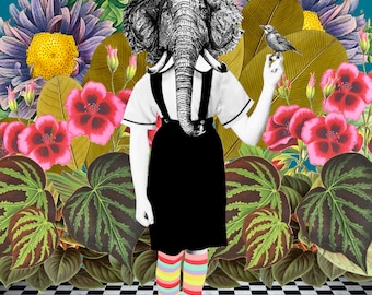 Elephant Storytelling Art Print: Colorful Floral Animal Portrait