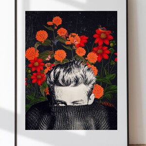 May include: A black and white illustration of a man with dark hair peeking out from behind a black turtleneck sweater. The background is a dark, textured surface with red and orange flowers.