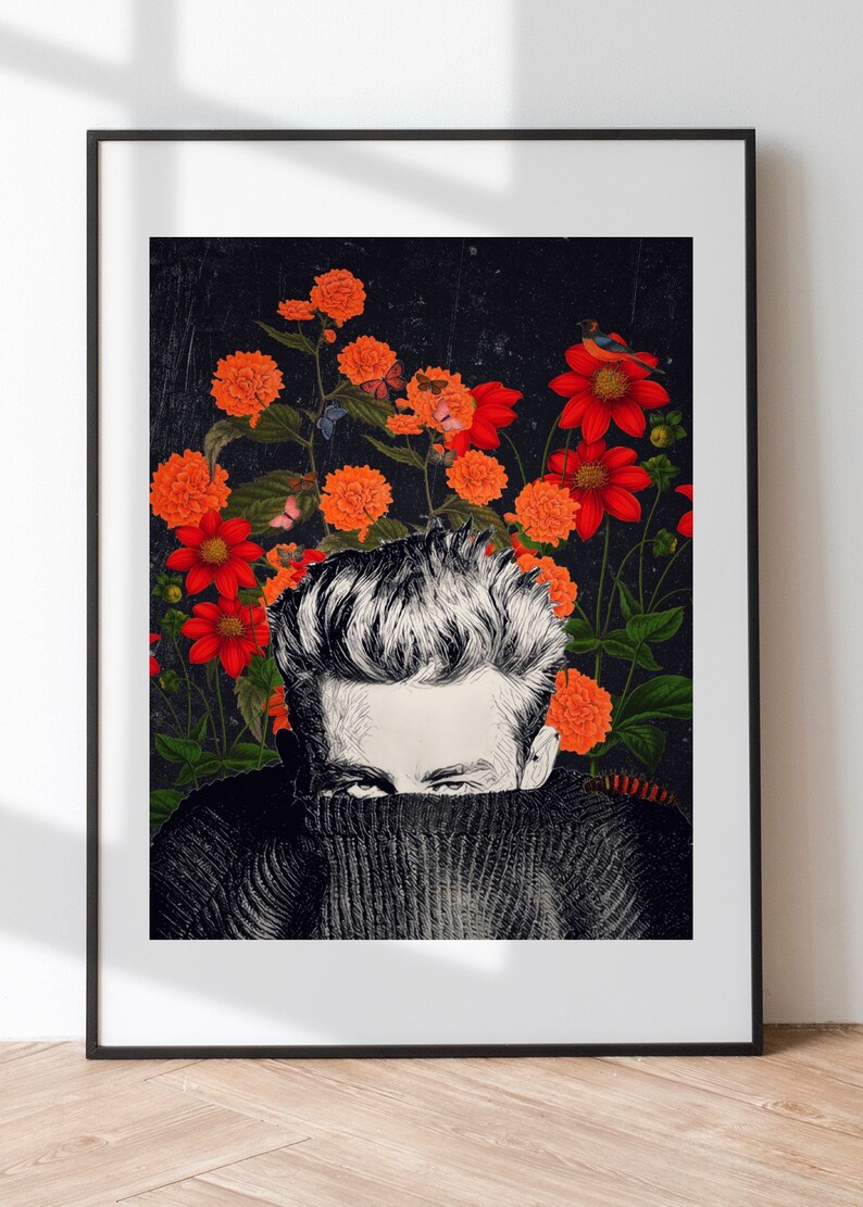 May include: A black and white illustration of a man with dark hair peeking out from behind a black turtleneck sweater. The background is a dark, textured surface with red and orange flowers.