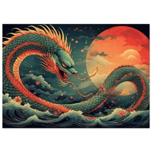 Japanese Dragon Wall Art – Mythical Serpent and Red Sun Poster