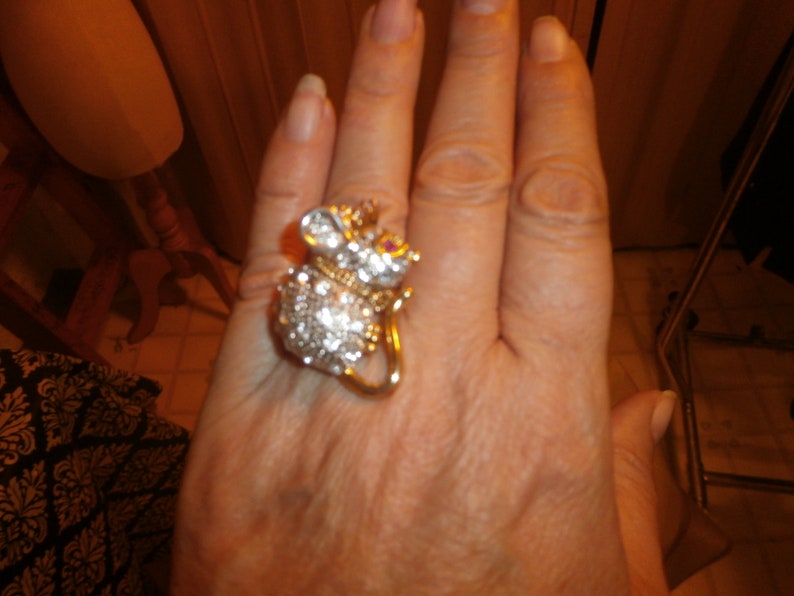 Vintage Mouse Rhine Stone Costume Ring size 7