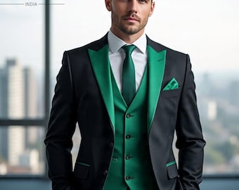 Emerald Green & Black Tuxedo for Groom | 3 Piece Wedding Suit Men | Custom Prom Suit 2026 | Slim Fit Groom Tuxedo