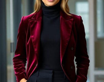 Red Velvet Blazer Women, Burgundy Velvet Jacket, Formal Party Blazer, Custom Tailored Fit