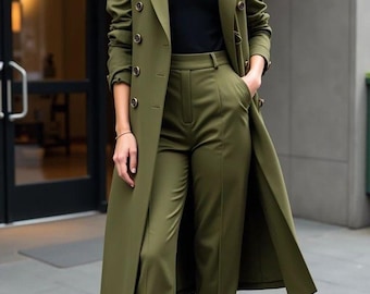 Olive Green Women’s Long Coat Suit | Chic Blazer and Pant Set | Modern business or wedding outfit