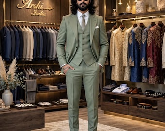 Traje de tres piezas verde salvia para hombre, traje de novio verde oliva para boda, conjunto formal de chaqueta, chaleco y pantalón, traje ajustado a medida