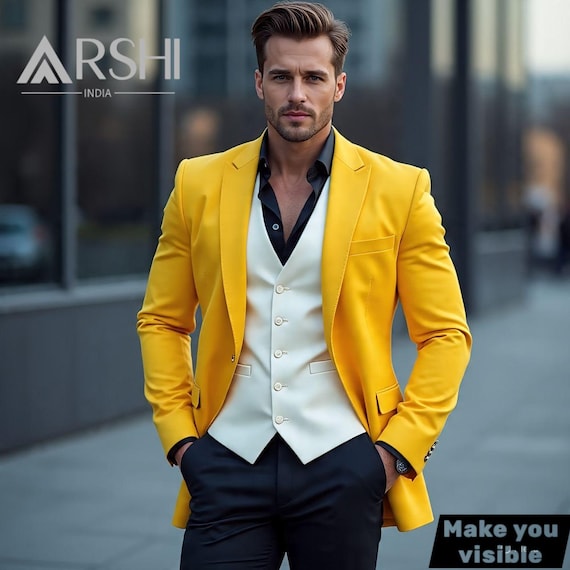 Men's Yellow Blazer With White Vest & Black Pants – 3 Piece Slim
