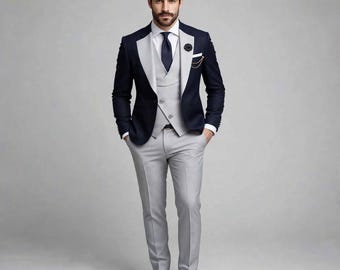 Navy Blue & Light Gray Tuxedo Suit | 3 Piece Custom Tailored Wedding Suit | Groom Formal Prom Wear
