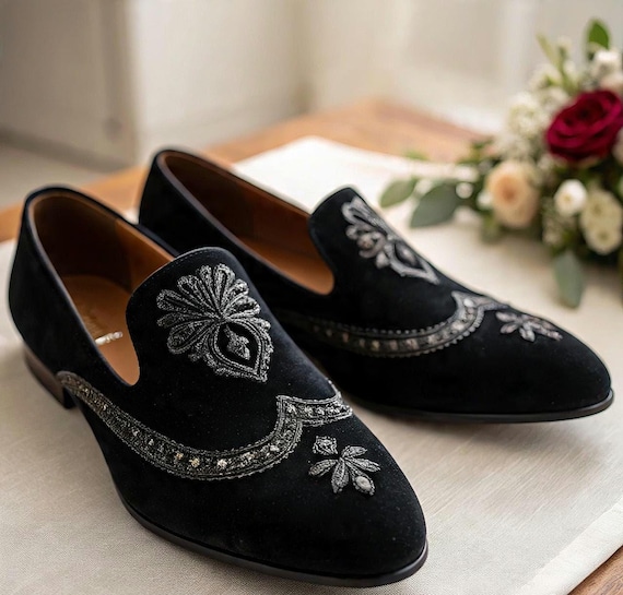Men Black Velvet Loafers With Embroidery  Luxury Slip-on Wedding & Party  Shoes - Etsy Australia