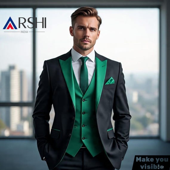 Emerald Green & Black Tuxedo for Groom | 3 Piece Wedding Suit Men | Custom Prom Suit 2026 | Slim Fit Groom Tuxedo