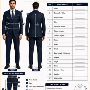 Puede incluir: Una tabla de medidas de traje de Arshi India con una vista frontal y trasera de un traje azul oscuro, indicadores numerados para diecisiete medidas corporales, una lista para anotar pulgadas y una secci&oacute;n de notas importantes.