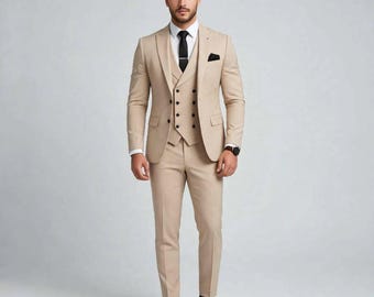 高級ベージュスリーピーススーツ（男性用）｜結婚式新郎スーツ｜スリムフィットフォーマルタキシード｜クラシックなメンズパーティー＆ビジネス衣装