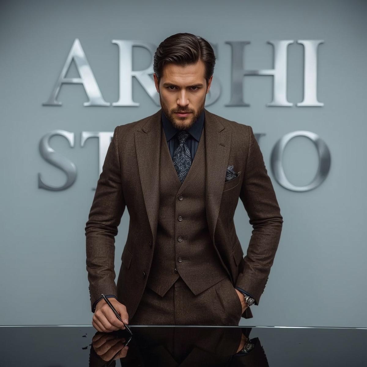 Arshi Studio Brown Suit for Men | 3-piece Elegant Wedding Outfit