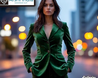 May include: A woman wearing a dark green velvet suit. The suit includes a tailored blazer with two buttons and a matching pair of pants. The image includes the text "Arshi India HANDMADE SUIT" and "Tailor's Precision".