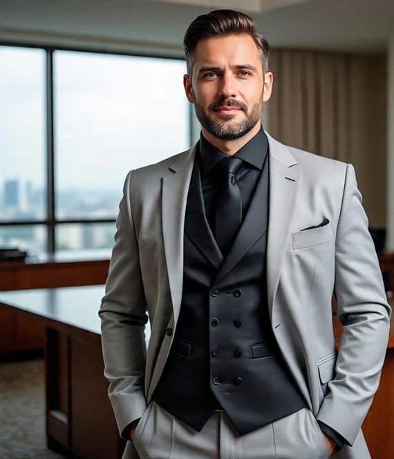 grey dress pants black vest Classic Gray Blazer & Trouser With Vestcoat | Men's 3 Piece Suit autumn-florals