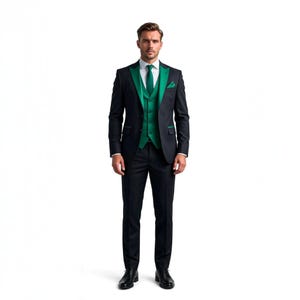 Esmoquin verde esmeralda y negro para novio | Traje de boda de 3 piezas para hombre | Traje de graduación a medida 2026 | Esmoquin de corte ajustado para novio imagen 2