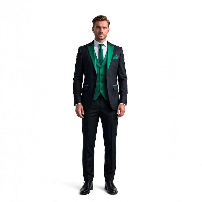 Esmoquin verde esmeralda y negro para novio | Traje de boda de 3 piezas para hombre | Traje de graduación a medida 2026 | Esmoquin de corte ajustado para novio imagen 2