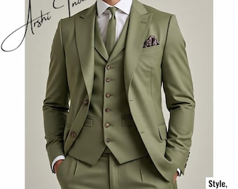 Traje verde salvia de 3 piezas para hombre | Traje de boda verde oliva para novio | Blazer ajustado, chaleco y pantalón | Traje formal a medida | ARSHI INDIA