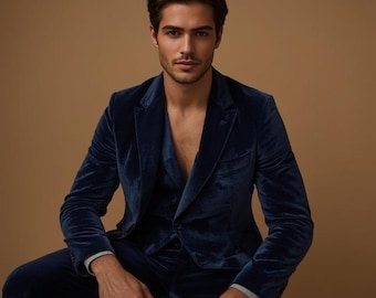 Men Blue Velvet 3-Piece Suit Set | Slim Fit Blazer, Vest & Pants | Groom Wedding Tuxedo | Arshi Studio&quot;