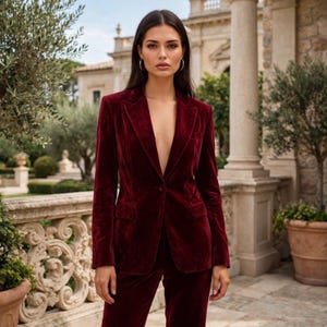 May include: A deep burgundy velvet blazer with long sleeves, a notched lapel, and a single button closure at the centre. The blazer features two front flap pockets and a tailored fit, constructed from a soft, textured velvet fabric in a solid colour.