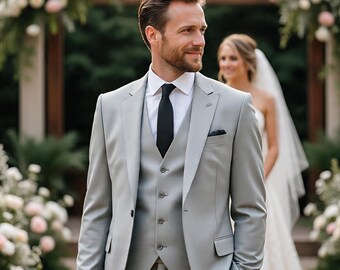 Men's Gray 3 Piece Suit, Wedding Groom Tuxedo, Slim Fit Formal Suit, Custom Tailored Prom Suit, Blazer Vest Pants Set