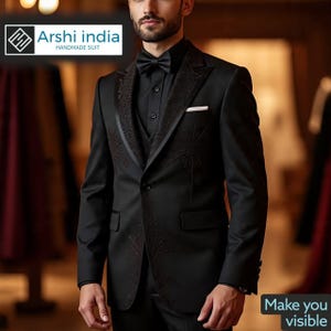 Men Black Embroidered Tuxedo 3 Piece Suit | Handmade Luxury Groom Wedding Suit with Vest & Bow Tie | Formal Dinner Jacket| ARSHI INDIA