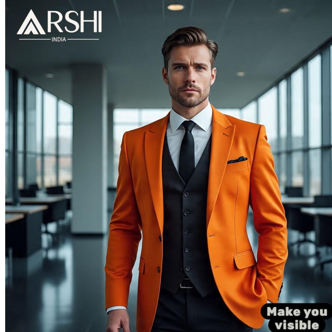透かし織りの豪華なアンサンブルスーツ　オレンジ系 Men's Orange Blazer – Slim Fit Formal Suit Jacket, Modern Wedding
