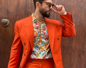 Burnt Orange Double Breasted Suit for Men, Statement Party Suit, Bold Mens Suit, Slim Fit Designer Suit, Wedding Guest Outfit, Custom Suit