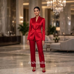 May include: A vibrant red satin pantsuit featuring a tailored blazer with a mandarin collar and long sleeves, paired with matching straight-leg trousers. The ensemble has a smooth, reflective finish and includes the text Arshi India at the bottom.