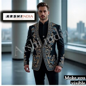 Men Blue Embroidered Tuxedo 2 Piece Suit | Handmade Luxury Groom Wedding Suit with Vest| Formal Dinner Jacket| ARSHI INDIA