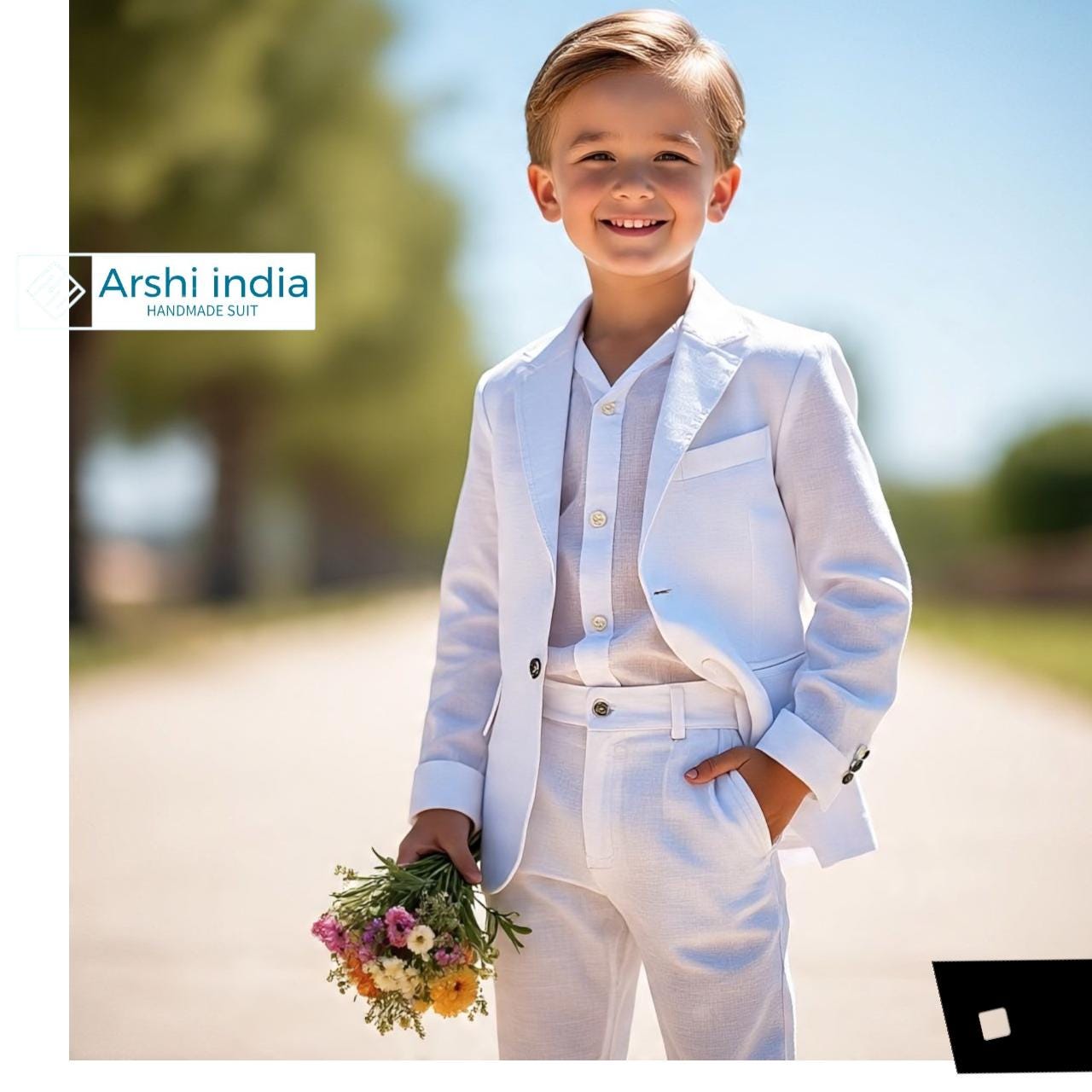 Boys White Linen Suit Ring Bearer Suit for Wedding Kids Formal Outfit
