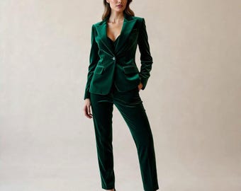 Emerald Green Velvet Pantsuit, Custom Women's Wedding Suit