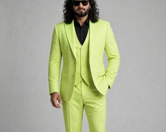 Traje verde lima para hombre, conjunto de chaqueta y chaleco de 3 piezas a medida, traje de novio verde neón para boda, esmoquin formal para fiesta de graduación.