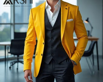 Men's Yellow Blazer With Black Vest & Pants – 3 Piece Slim Fit